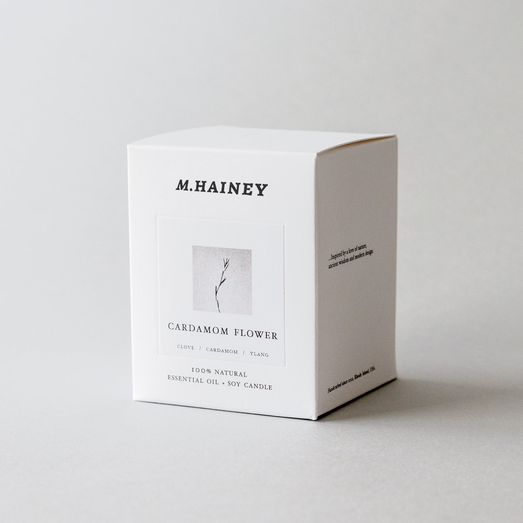 M. Hainey cardamom flower candle packaging on a white background