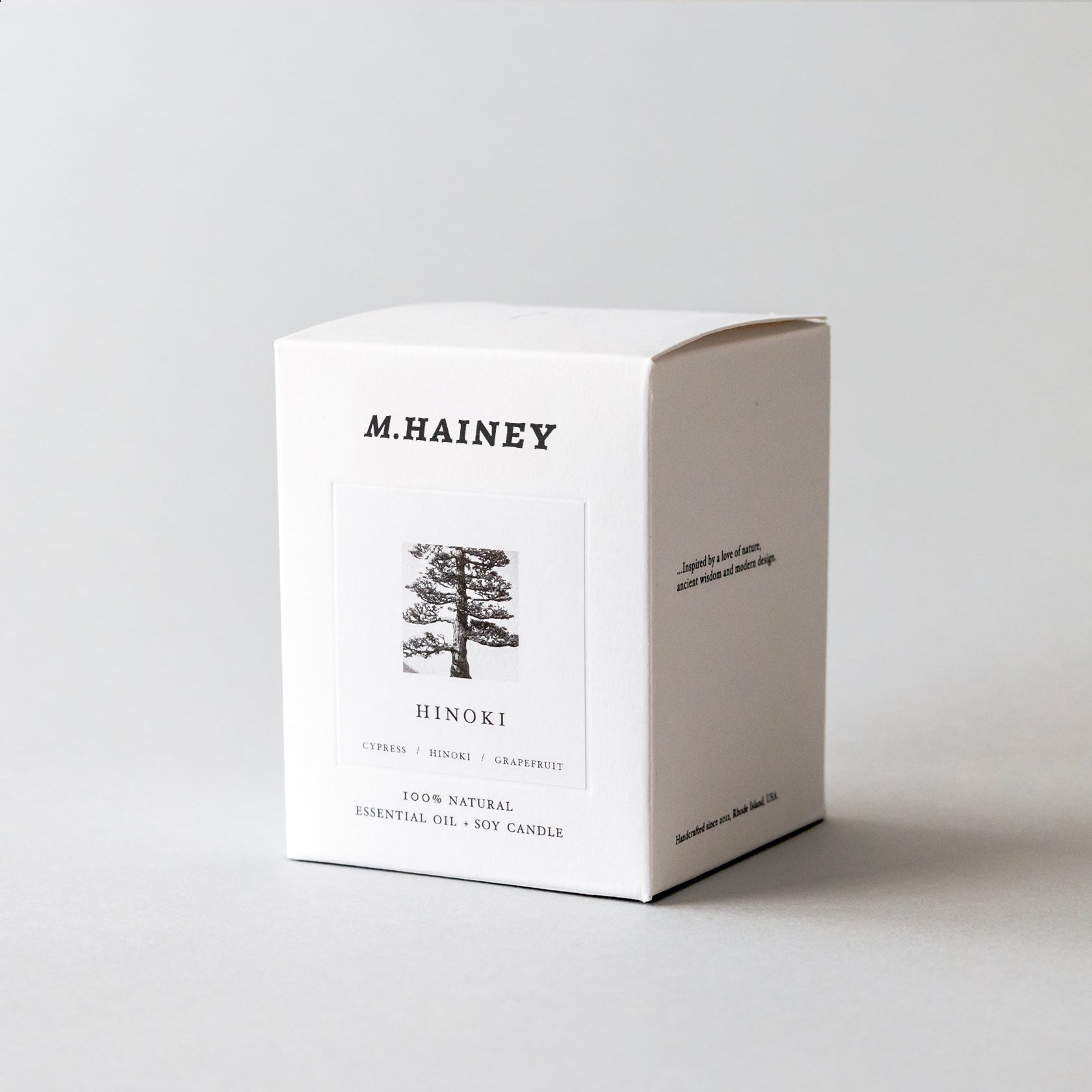 M.Hainey Hinoki candle packaging on a white background